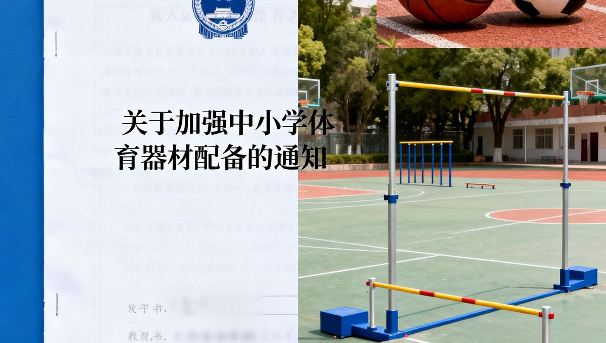 教育部文件封面与校园体育器材实物照片的合成图，文件标题为'关于加强中小学体育器材配备的通知'