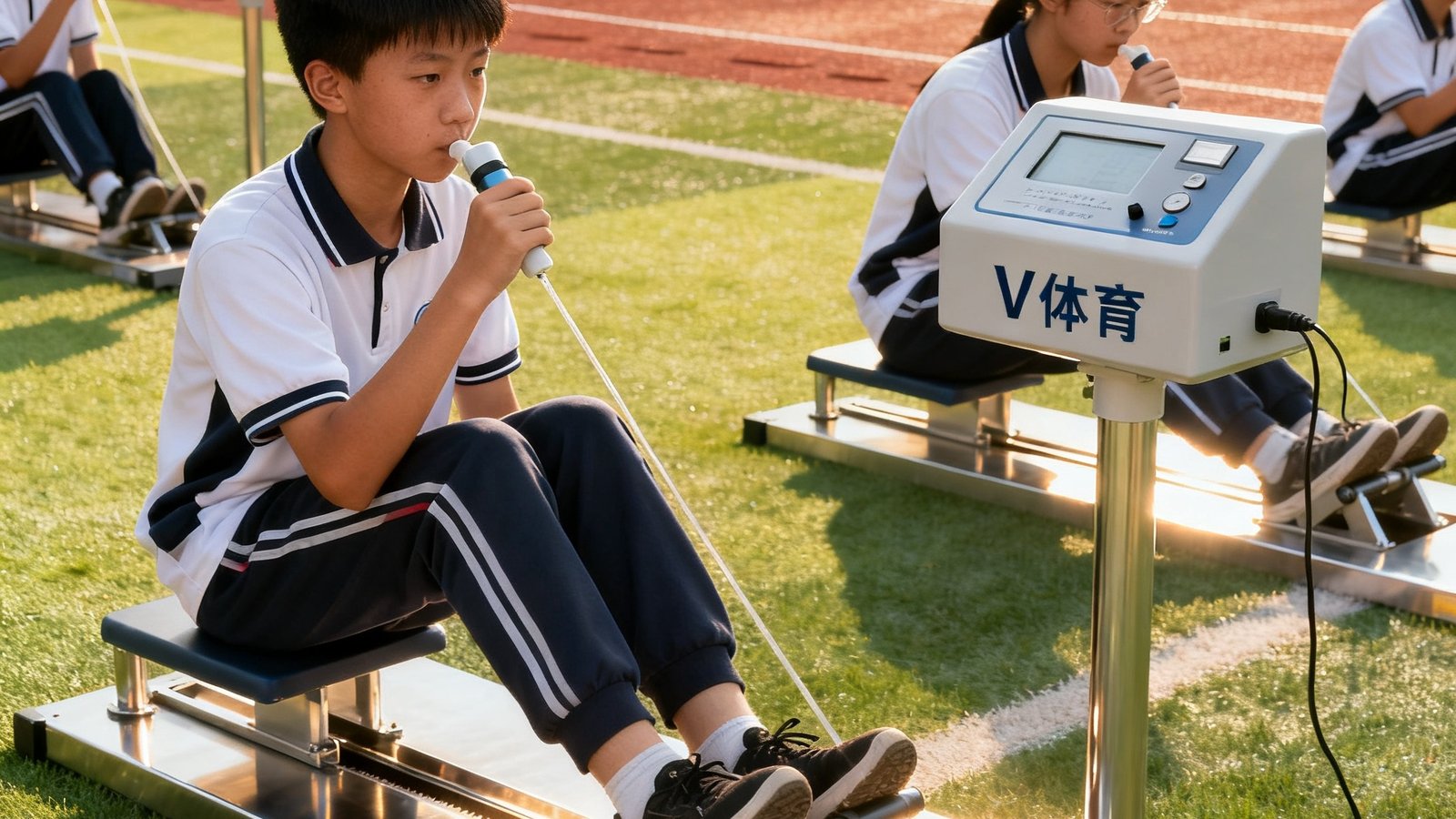 一所中学的体育场上，学生们正在使用V体育配置的坐位体前屈测试器和肺活量测试仪进行体质测试，设备崭新，操作规范
