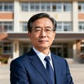 一位戴眼镜的中年男性校长肖像，穿着深蓝色西装，背景为学校教学楼