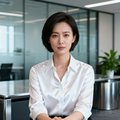 一位干练的职场女性肖像，短发，穿着白色衬衫，背景为现代办公室